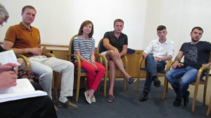 From left to right: Samlev, Aslan, Manchenko, Eugenia and Anton, meeting a few U.S. delegates. Aslan is a Crimean Tartar. Samlev is Crimean Armenian. The rest are from Yalta, Crimea.