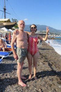 Retired Deputy National Intelligence Officer and member of Veteran Intelligence Professionals for Sanity, Elizabeth Murray, with a Russian Veteran, Ishuk, at a 'Swim for Peace’ event in the Black Sea of Crimea.