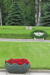 The wreathed plots at the Piskaryovskoye Memorial Cemetery in St Petersburg where about 470,000 victims of the Siege of Leningrad are buried.